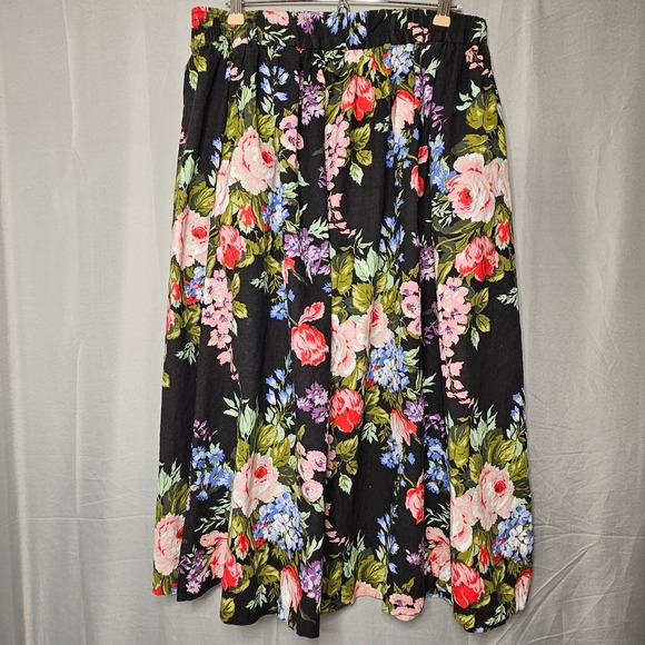 Apostrophe Dresses & Skirts - Vtg Apostrophe Maxi Skirt Women 22W Black Floral Cotton Elastic Waist Pocket USA